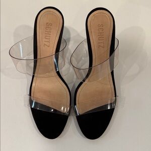 Schultz Ariella Clear Strap High Stiletto Sandals in Black 7.5